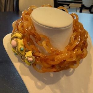 J.crew Orange and Gold Statement Necklace with Bold Chain Links. Frog clasp